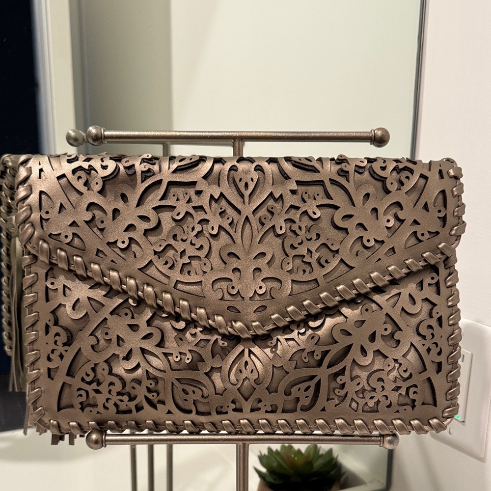 Laser-Cut Envelope Clutch in Metallic Bronze